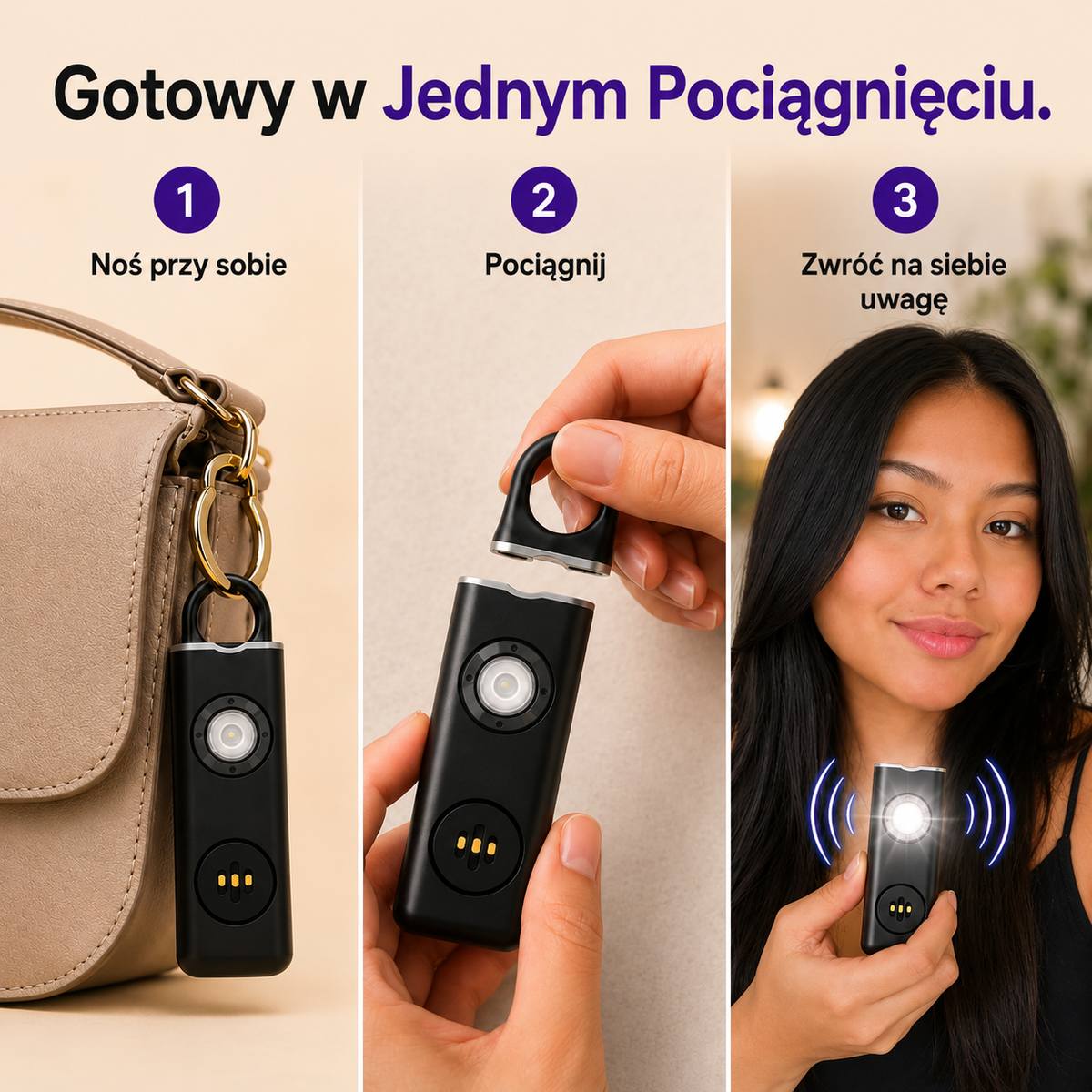 Osobisty alarm bezpieczeństwa — syrena 130 dB + światło stroboskopowe